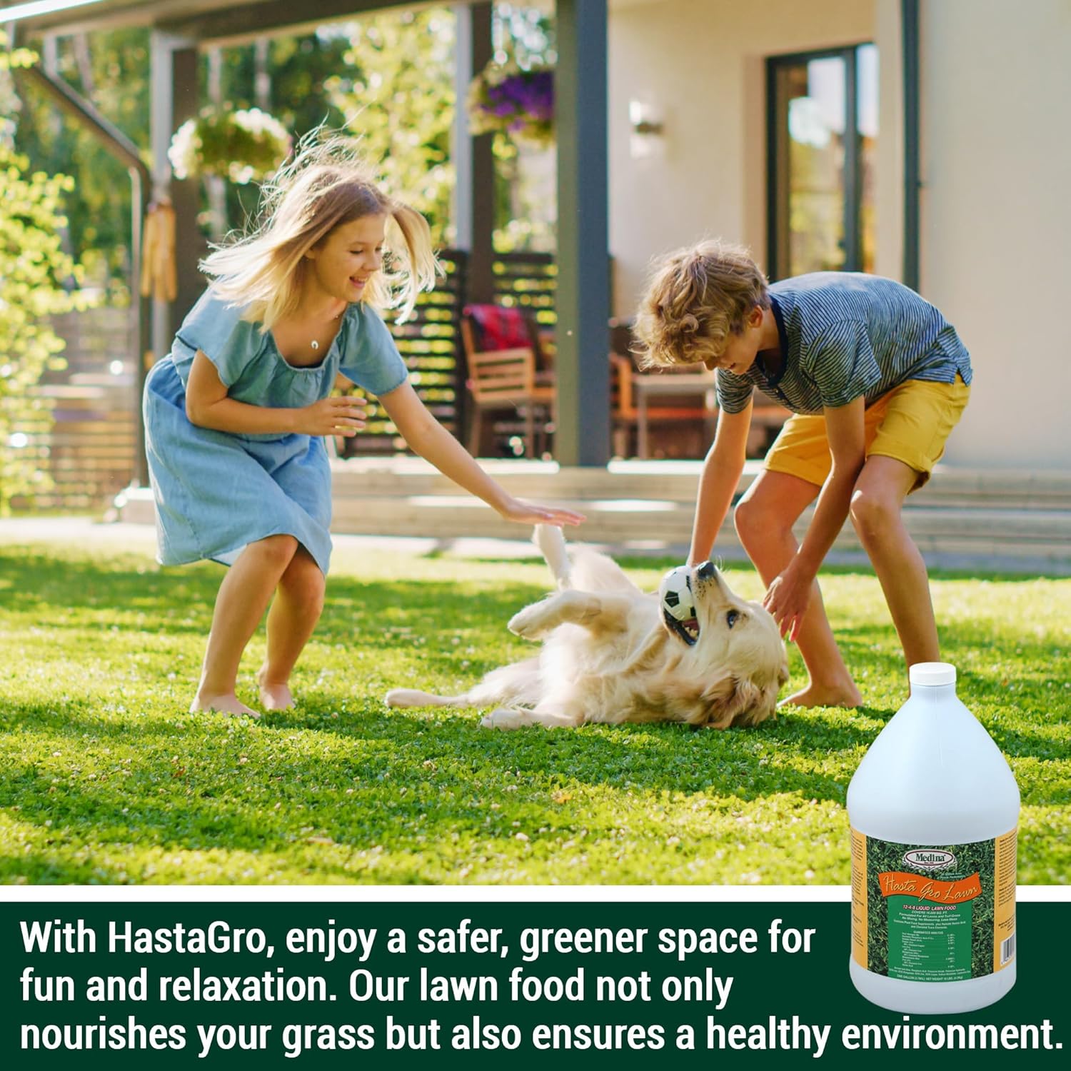 Medina HastaGro Liquid Lawn Fertilizer - 12-4-8 Liquid Fertilizer for Lawns, Ready to Spray Grass Fertilizer for Lawn Care, Lawn Food for Vibrant Green Lawns, 1 Gallon - Treats Up to 16000 Sq Ft