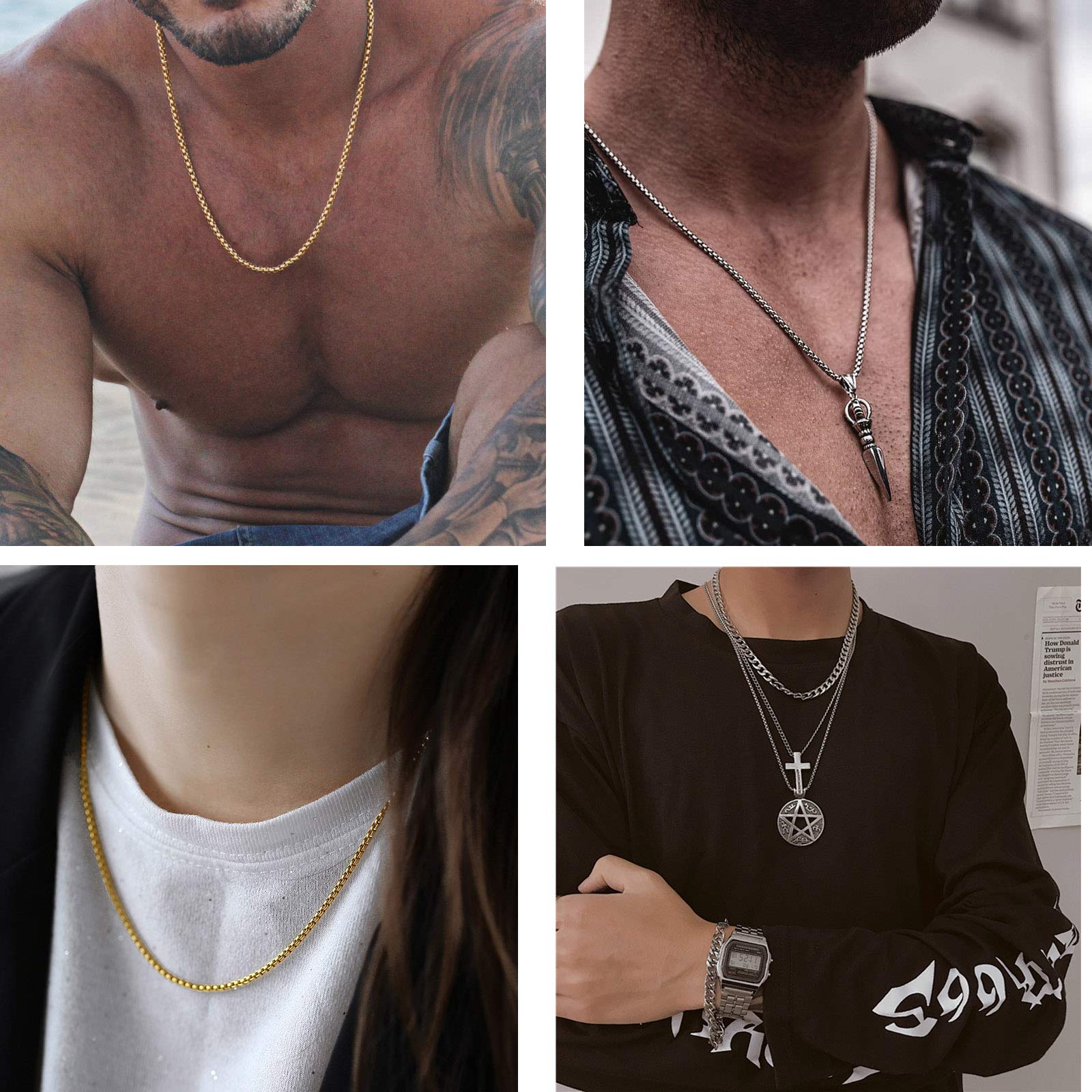 OSTAN Collana da uomo e da donna, in acciaio inox e argento, con catena a maglia veneziana, larghezza 1.5-5 mm, lunghezza 45-80 cm
