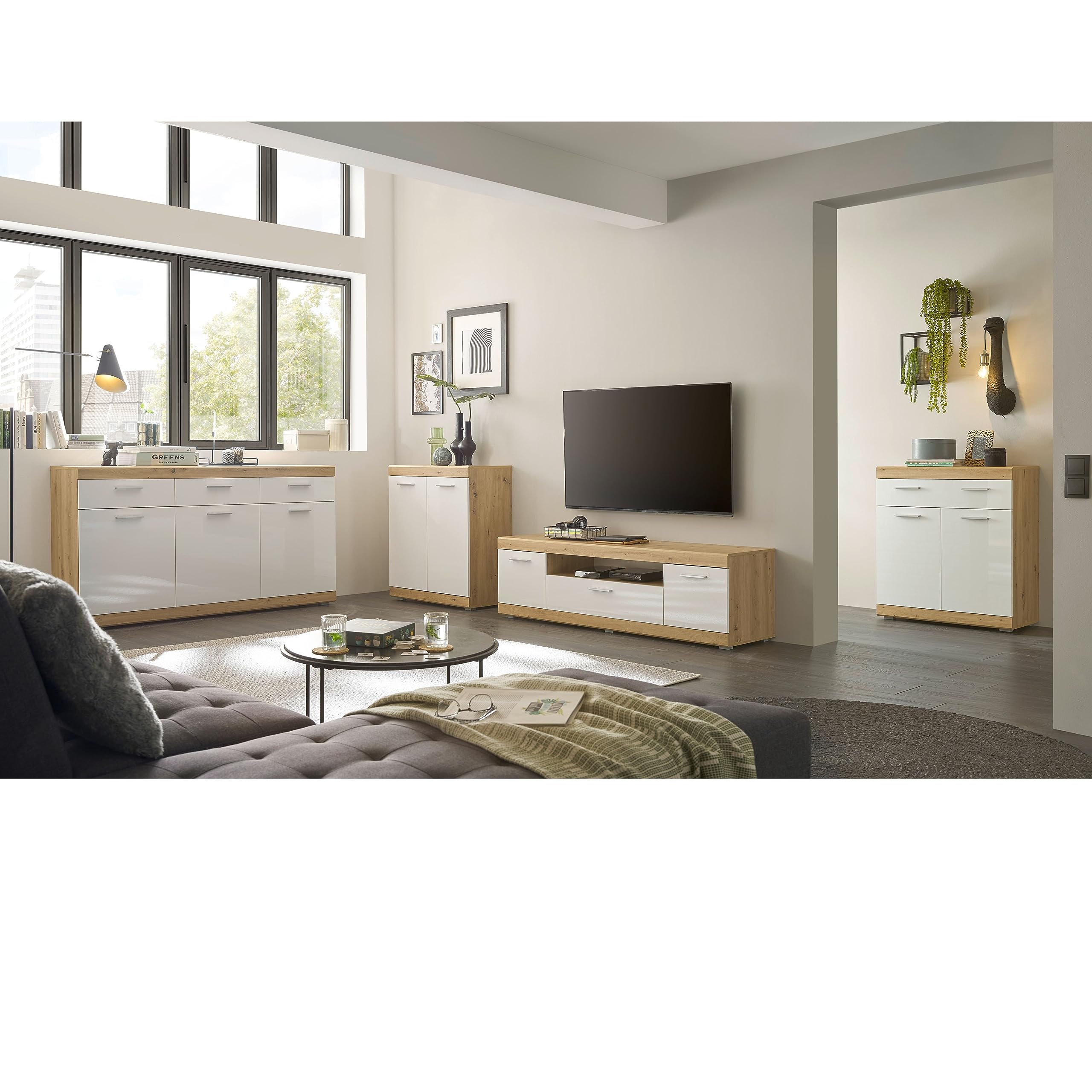 NOLA Sideboard in Artisan Eiche Optik, Weiß Hochglanz - Moderne Kommode mit Schubladen und viel Stauraum - 165 x 91 x 38 cm (B/H/T)
