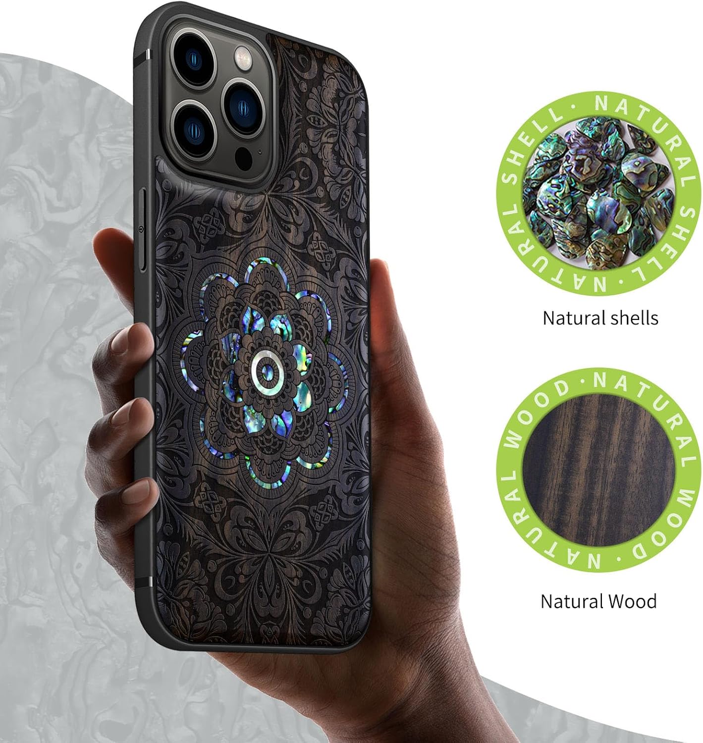 Carveit Designer Wooden Protective Case for iPhone 13 Pro Max Magnetic Cover [Wood Engraving & Shell Inlay] Compatible with 13 Pro Max MagSafe (Ethereal Bloom Mandala-Blackwood)