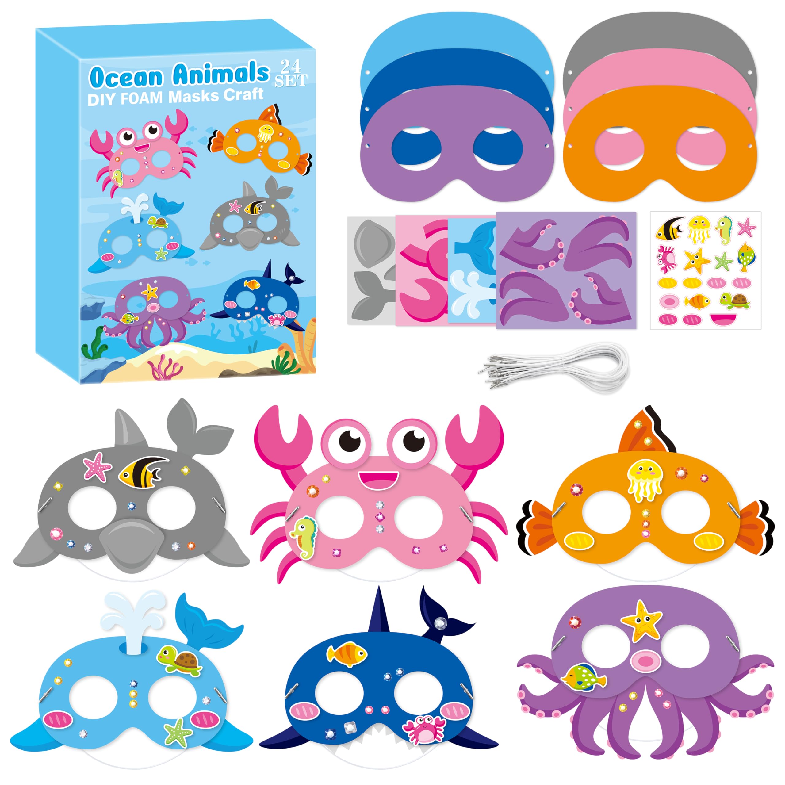 WATINC Ocean Animals Mask Craft - 24pcs Make Your Own Sea World Animal Foam Mask Kit for Kid, Under the Sea DIY Set with Diamond Stickers for Dress Up