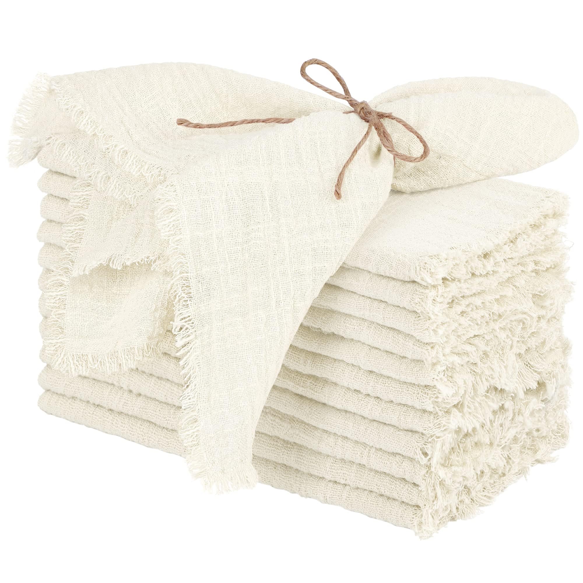 Azonee Cotton Linen Cloth Napkin Set - 12 Pcs Handmade With Fringe, 17 x 17" Soft Square Rustic Dinner Napkins for Parties and Weddings, Ivory