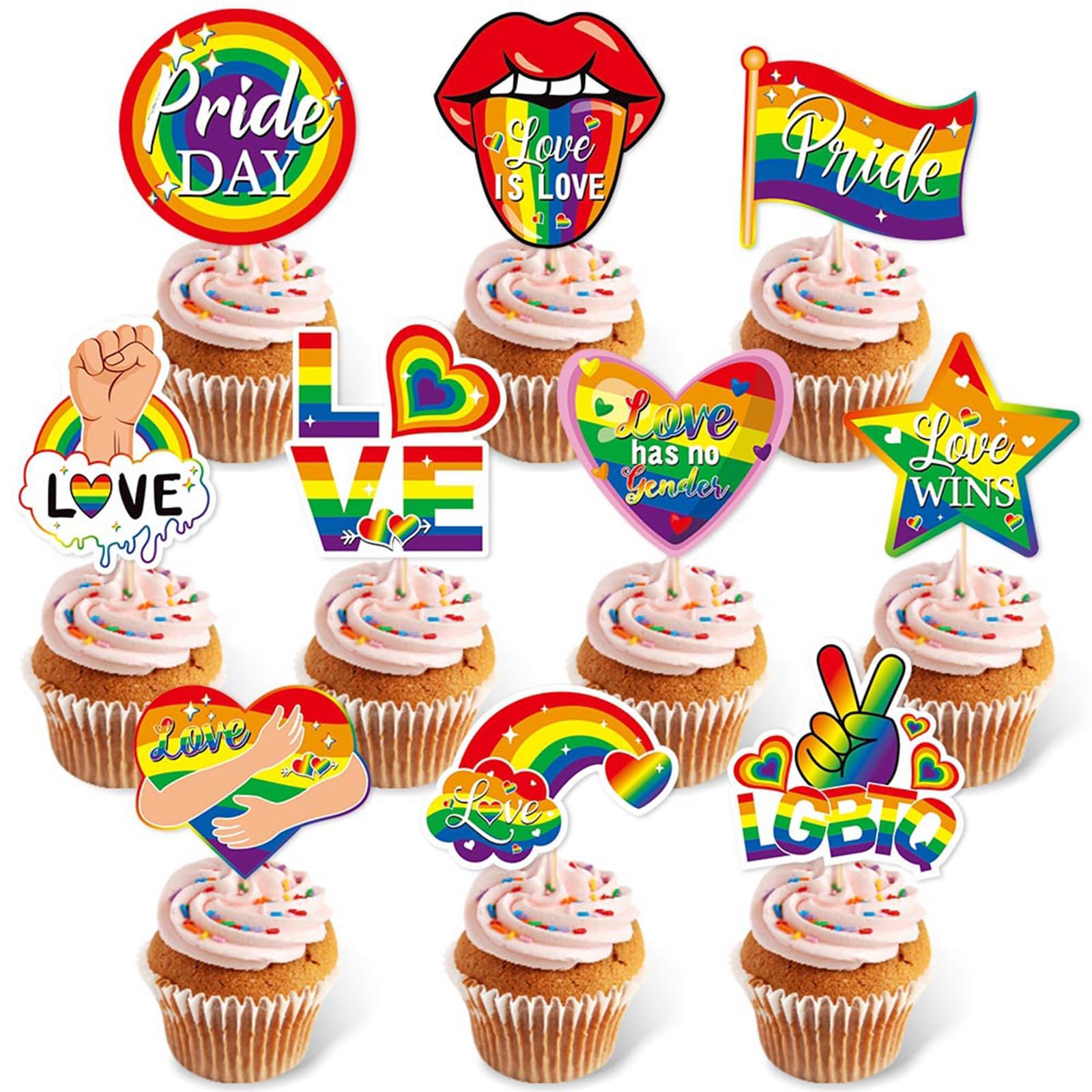 Gay Pride Day Cake Toppers, 10Pcs Rainbow Pride Cupcake Toppers, LGBTQ Rainbow Toothpick, Gay Cupcake Picks, Lesbian Colorful Toothpicks, LGBTQ Toothpick for Cocktail Food Cake Fruit Decorations