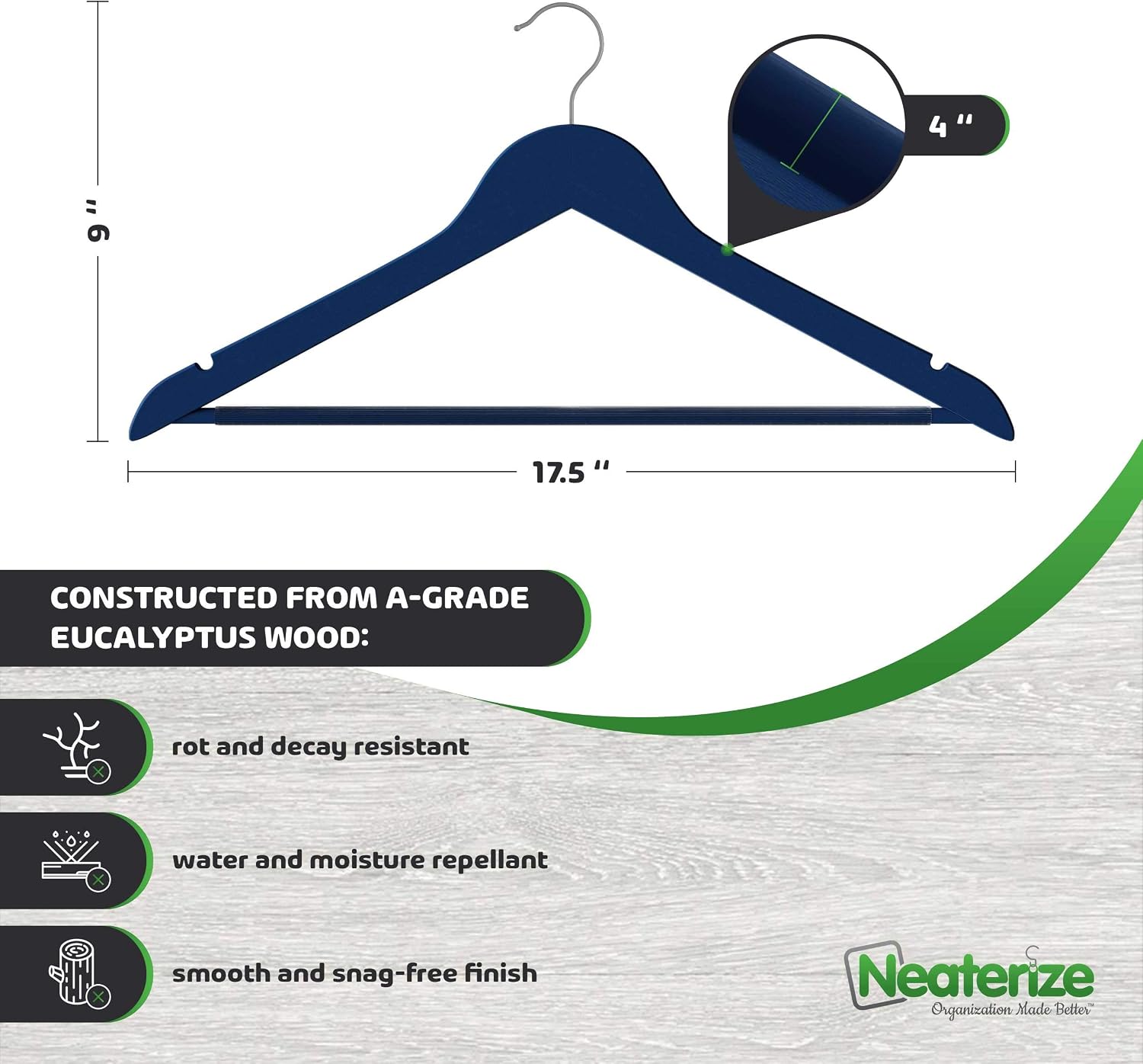 Wooden Hangers for Clothes - Heavy Duty Non-Slip Pants Bar & 360 Swivel Hook |Ganchos De Ropa | Great for Suits, Coats, Clothing [10-Pack - Navy]