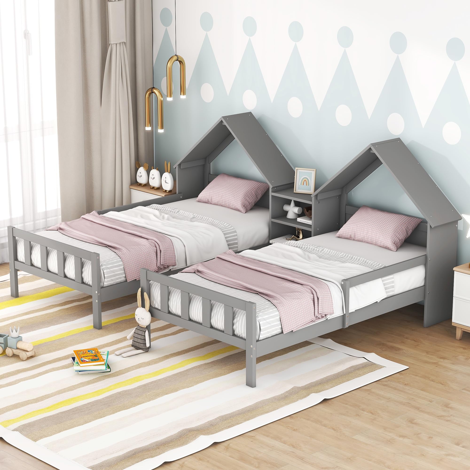 SOFTSEA Twin Double Bed Frame for Kids, Wood House Bed Frame with Nightstand, Two Shared Bed for Kids, No Box Spring Needed, Gray