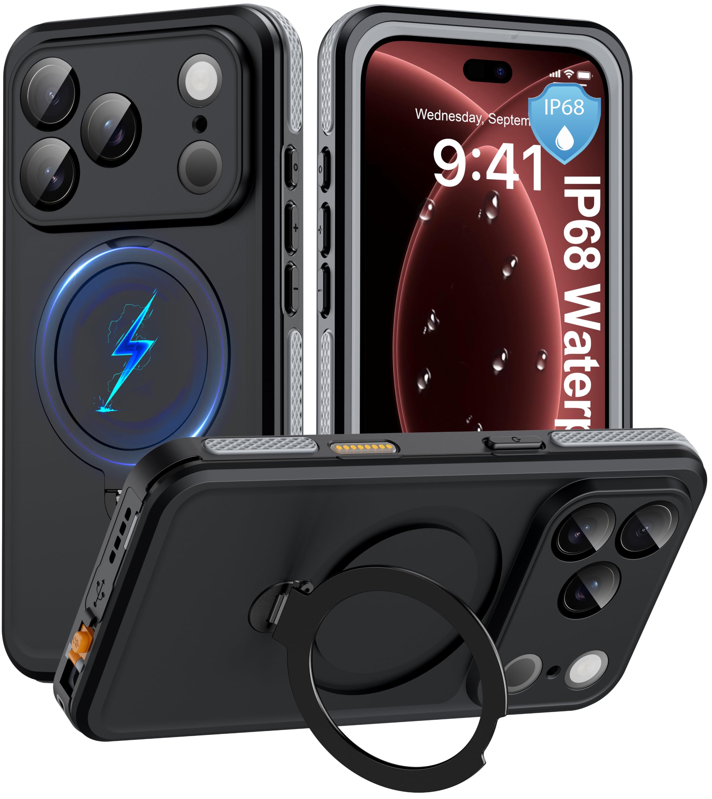 ANTSHARE for iPhone 18 Pro Case IP68 Waterproof Magnetic Kickstand - Black
