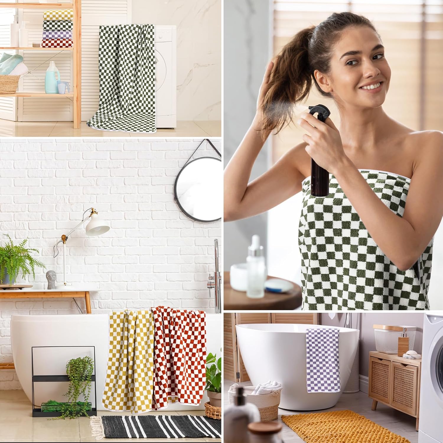 Peryiter 4 Pcs Checkered Bath Towels Check Plaid Soft Absorbent Bathroom Towel Set Body Drying Beach Shower Body, Yellow, Green, Red, Purple (27.56 x 55.12 Inch)