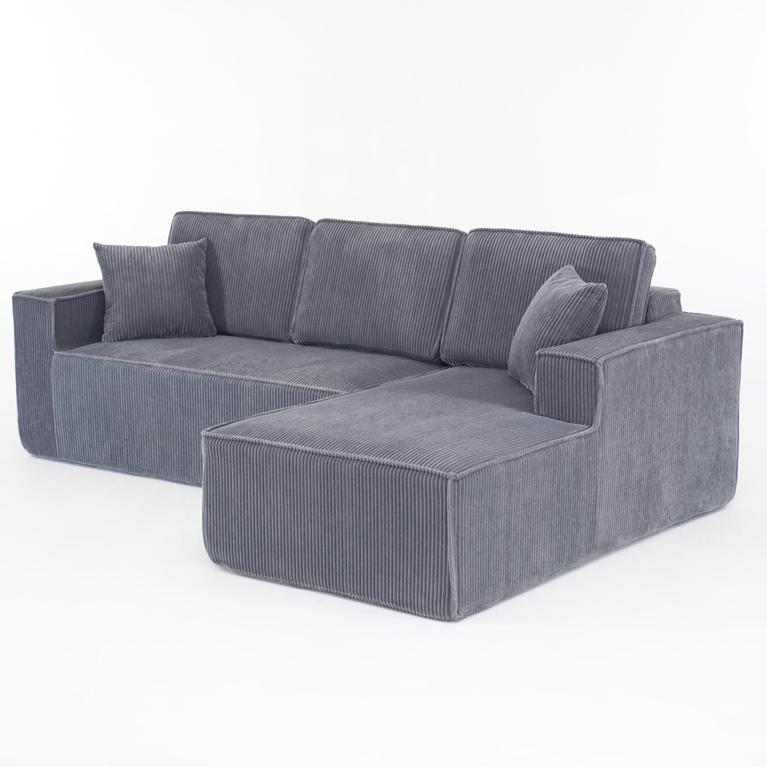 Wiuzo Sofá de pana comprimido en forma de L para 2 personas + chaise longue esquina, sofá modular esquinero con acolchado suave de espuma de alta densidad (gris + chaise longue derecho)