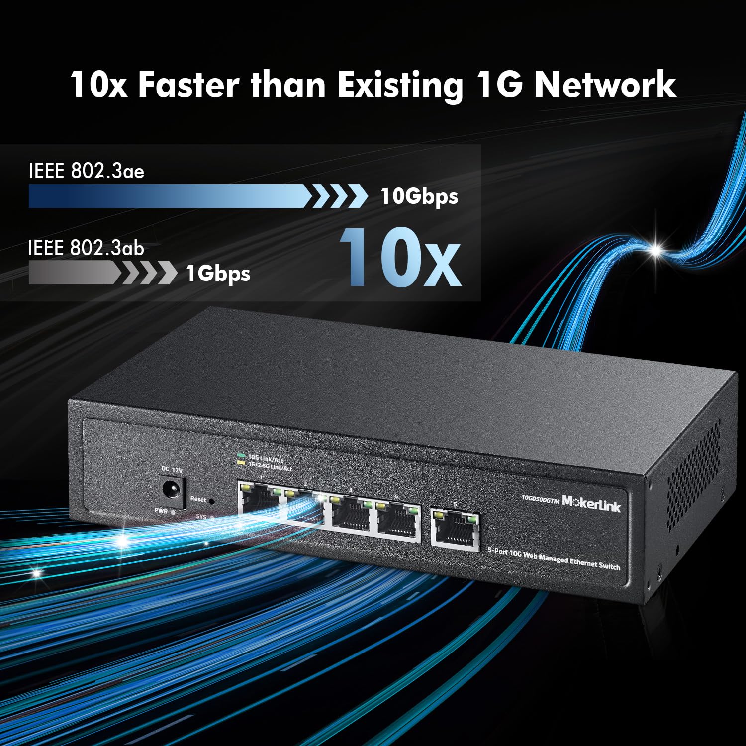 MokerLink 5 Port 10Gbps Managed Switch, 5x10G RJ45 Ethernet Ports, 10G/5G/2.5G/1000M/100Mbps, 100Gbps Bandbreite, Metall L2 Web Managed Netzwerk Switch
