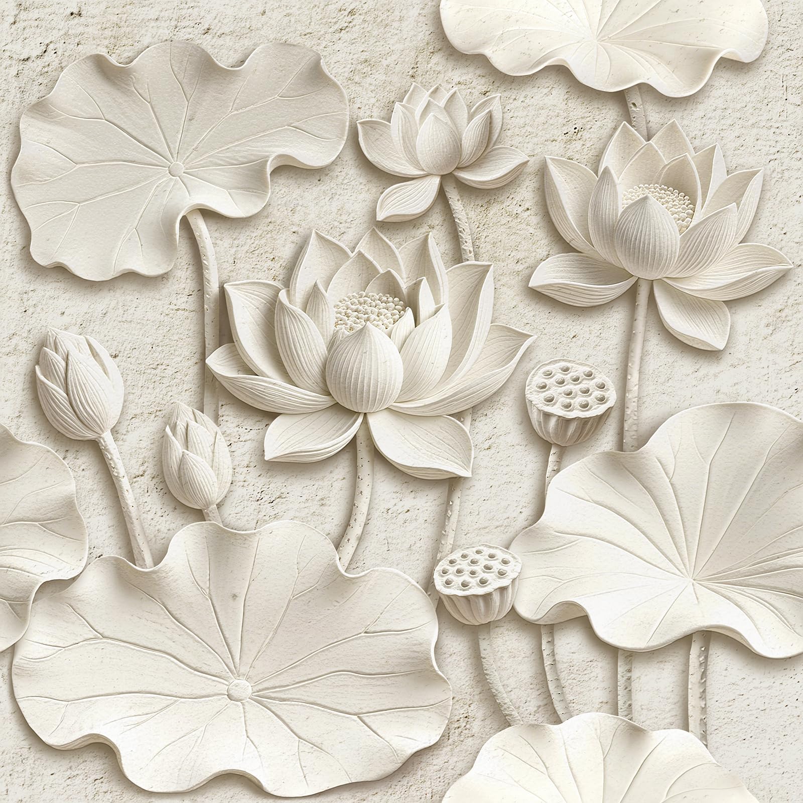 Papier peint autocollant 3D en relief premium à motif lotus beige