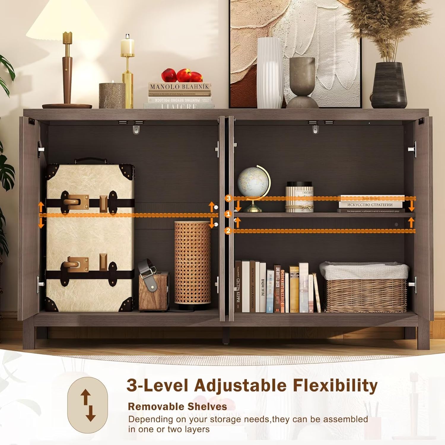 Interior view of the Hanherry Sideboard showing adjustable shelves
