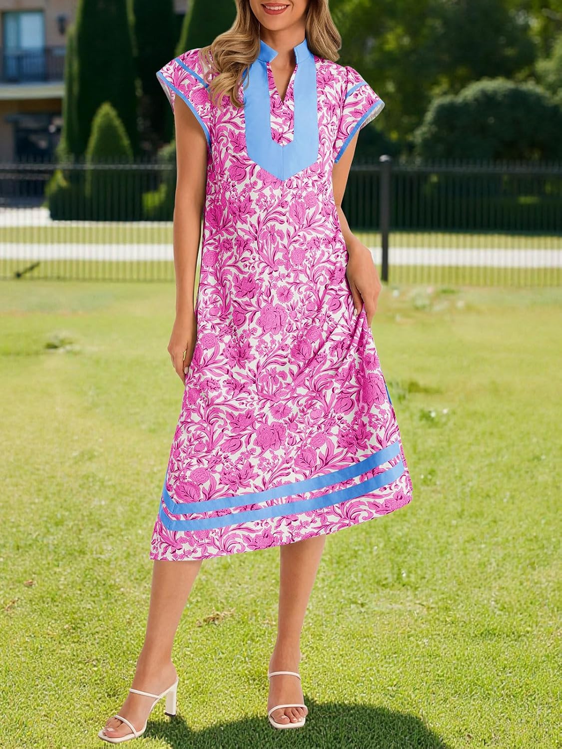 Wenrine Womens Summer Floral Maxi Dress Casual Short Cap Sleeve V Neck Color Block Side Slit Loose Boho Beach Dresses - Image 4