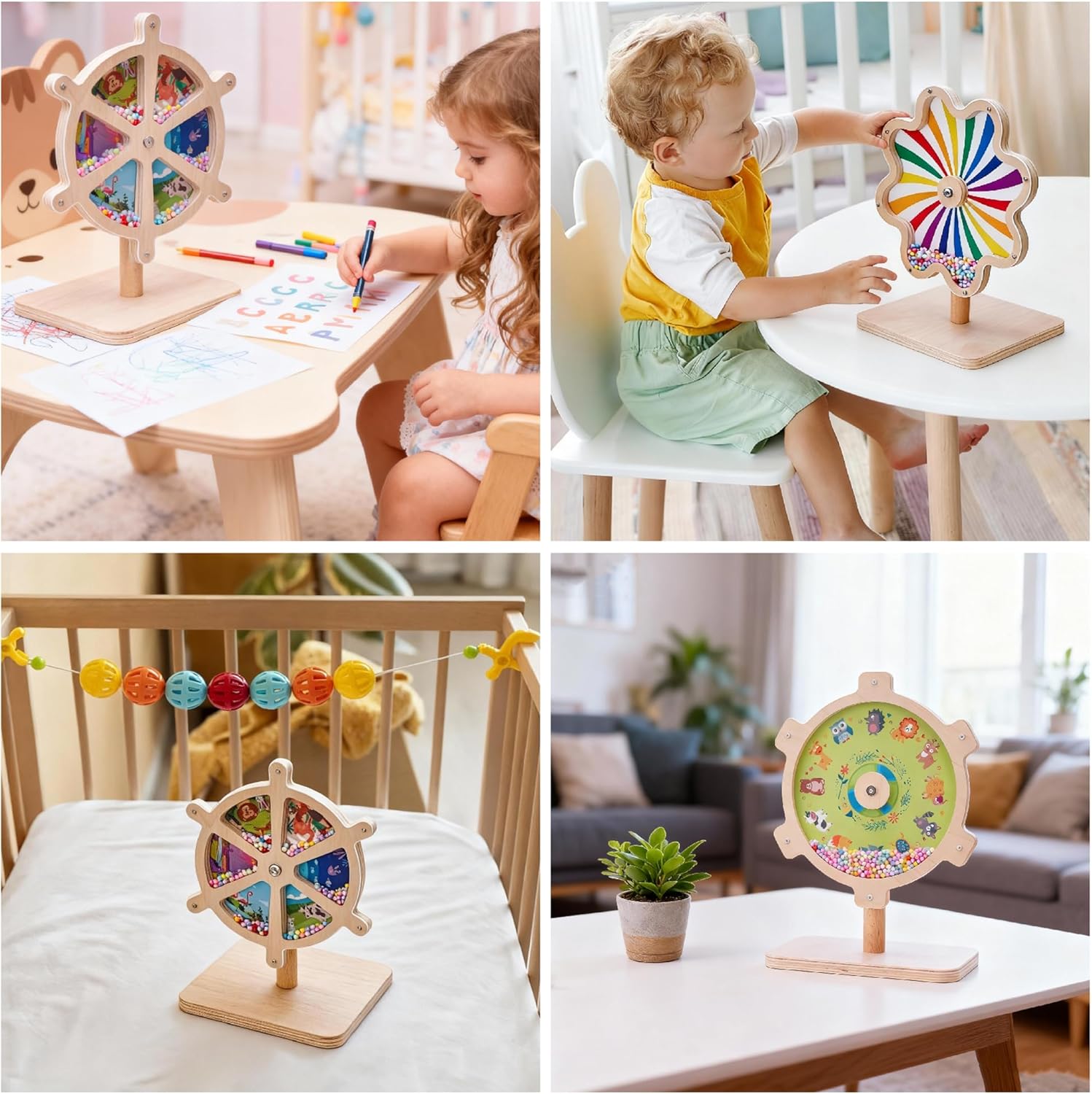 Spinning Activity Drum Toy with Sound, Montessori Wooden Sensory Toy for Babies, Perfect Birthday & Party Gift for 6-18 Months+