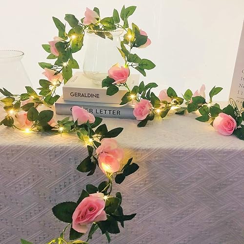 Miniatura 4 de Guirnalda de flores artificiales de 7.5 pies, 20 LED, guirnalda de rosas alimentadas por pilas, guirnalda de flores de rosas para San Valentín,