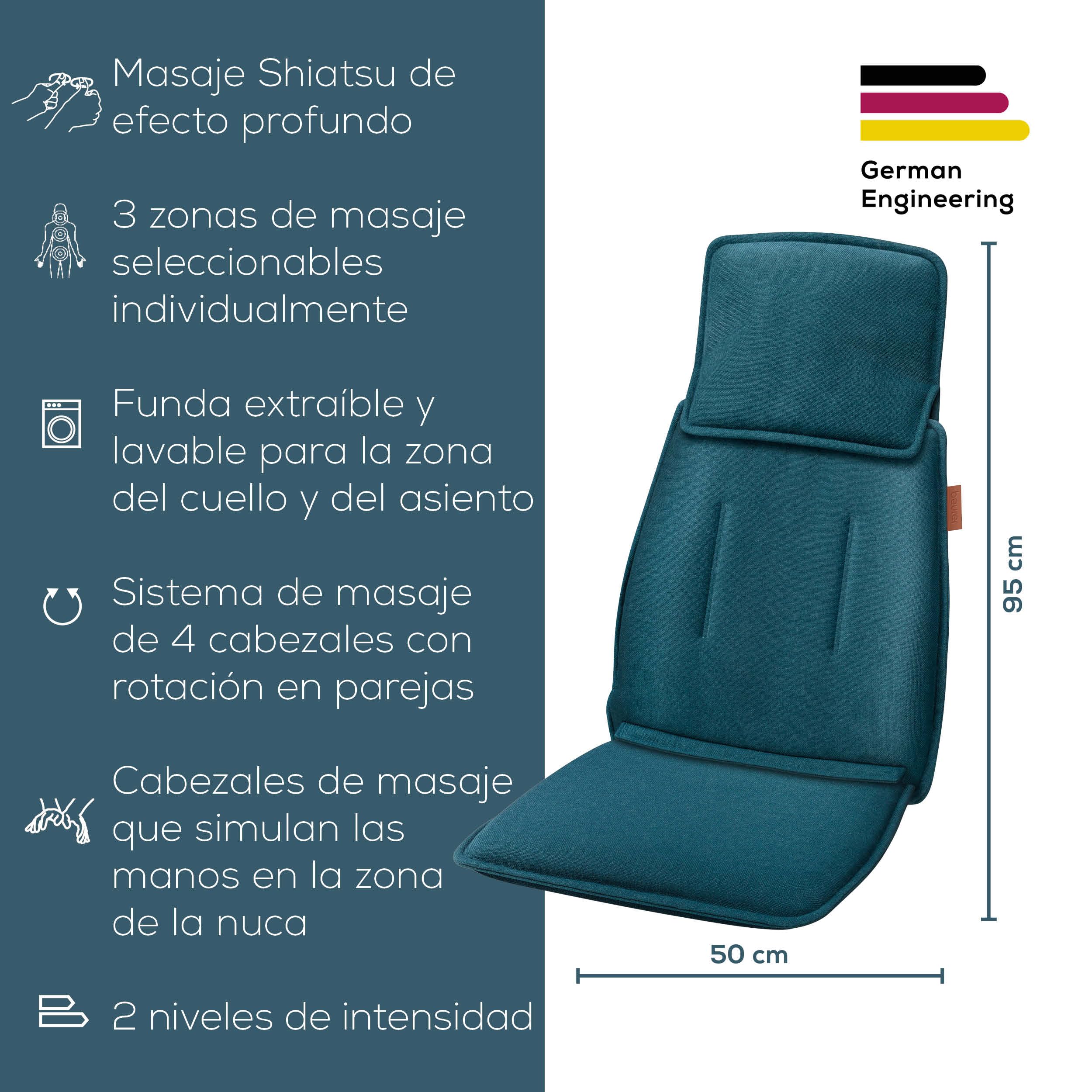 Beurer MG 330 Cojín de Masaje Shiatsu, 3 Zonas y 2 intensidades, Masaje Profundo para Cuello, Espalda Superior e Inferior, Cabezales Que simulan Las Manos en la Zona del Cuello, petróleo