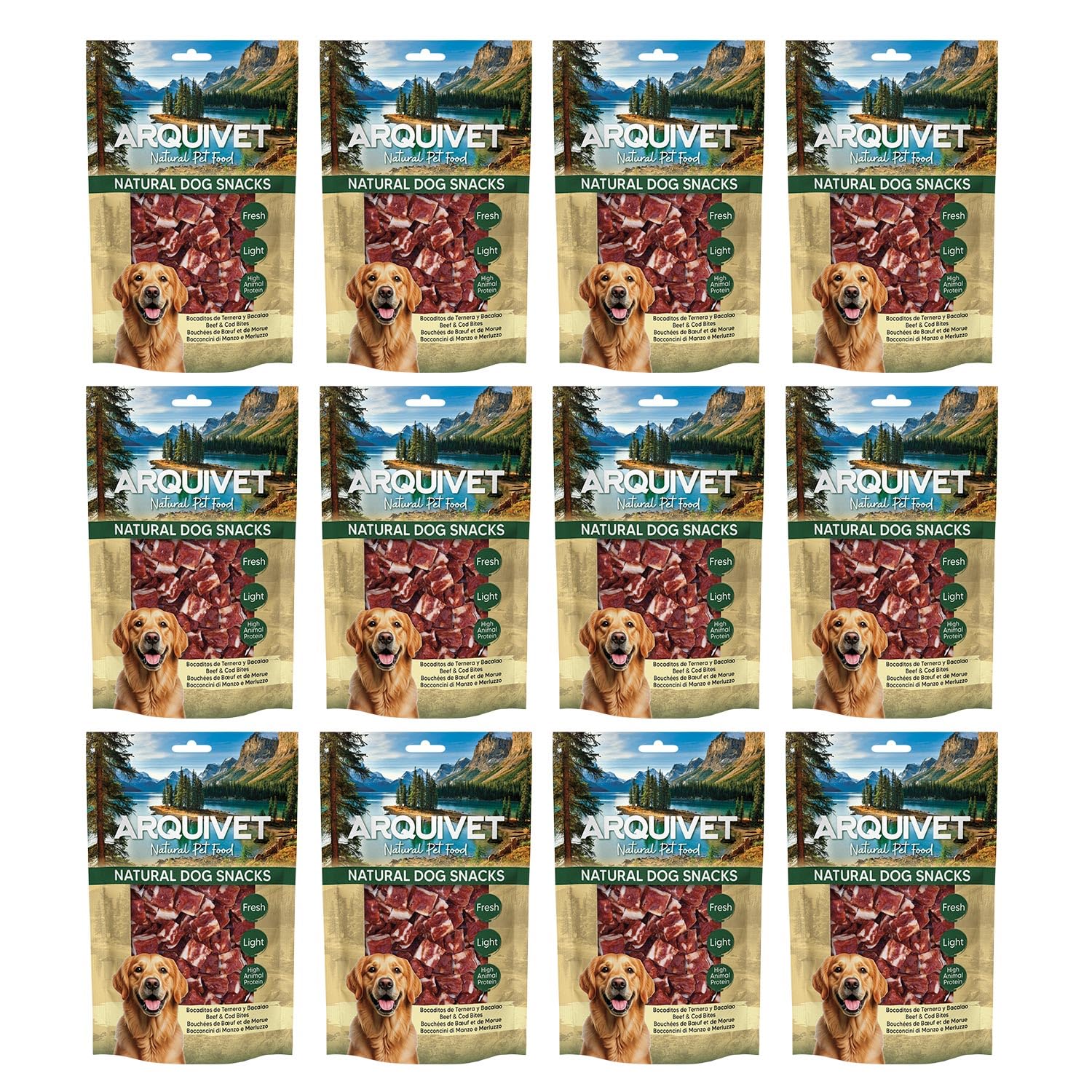 Friandises pour Chiens (Lot de 12) - Bouchées de bœuf et de cabillaud 100 g, friandises Naturelles pour Chiens - Arquivet