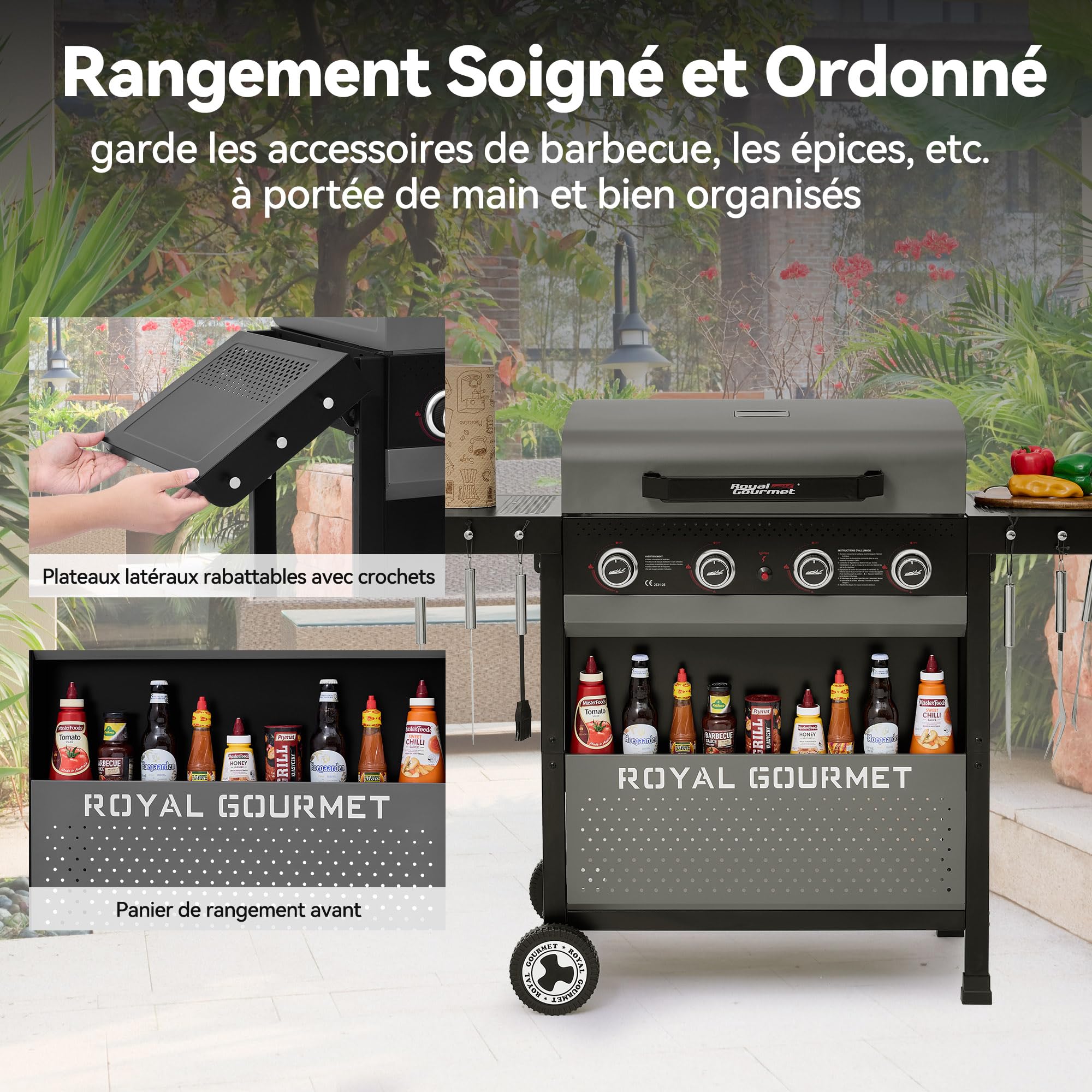 Royal Gourmet 4 Brûleurs Barbecue Gaz, Gril à Gaz sur Chariot 10 KW avec Tables Pliantes et Panier de Rangement, Noir