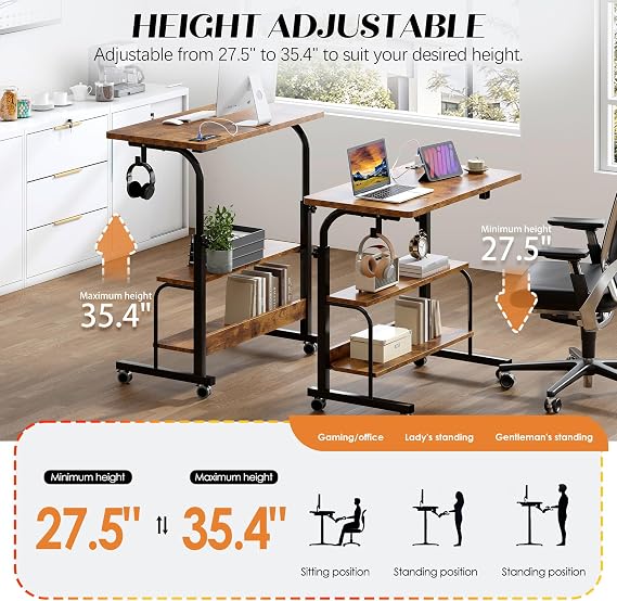 SogesHome 31.5 inches Adjustable Table Mobile Bed Table Portable Laptop Computer Stand Desks with Rolling Wheels, Three-Hole Sockets and USB Ports,Rustic Brown