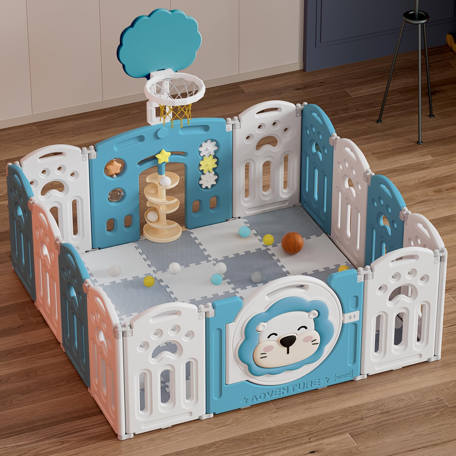 Adventure Lion Baby Playpen for Baby and Toddlers Foldable - Kids Play Pen Babies and Toddlers - Includes Play Mats, Activity Panel, Basketball Hoop & Balls (White/Blue)
