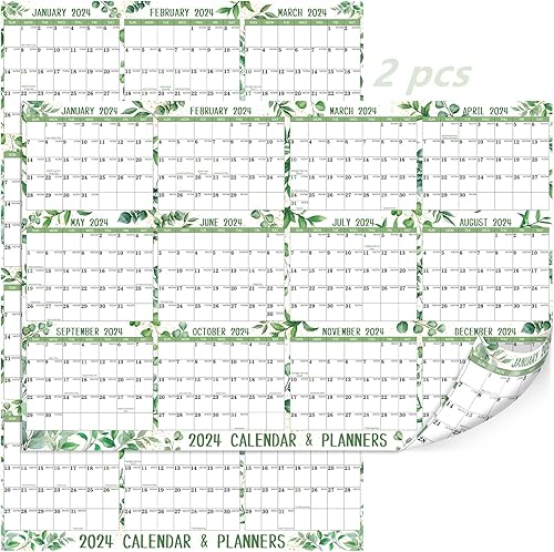 Calendario de pared anual 2024, calendario de borrado en seco para pared, calendario de pared verde 2024, calendario de pared borrable con hojas