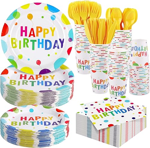 Miniatura 1 de 400 piezas de decoraciones de fiesta de feliz cumpleaños, incluyendo platos de papel desechables, vasos, servilletas, juegos de vajilla para 50 para