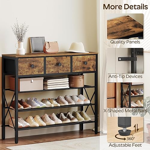 Miniatura 8 de Zapatero de 4 niveles con 3 cajones, organizador de zapatos de metal para 15 pares con estantes de almacenamiento y parte superior de madera, para