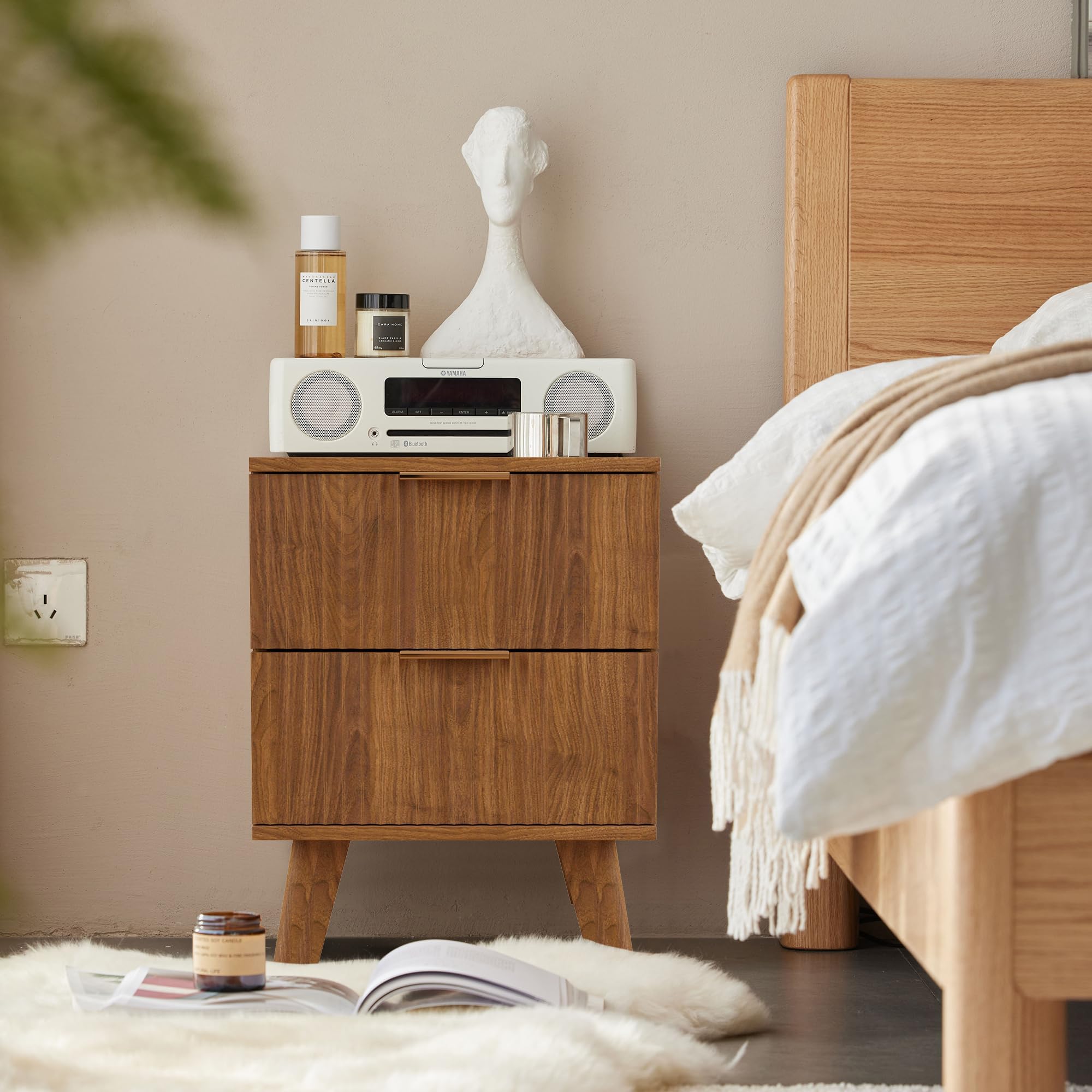 Mid Century Modern Dresser, 2 Drawer Dresser for Bedroom Wood, Small Nightstand with Drawers and Solid Wood Legs, Bed Side Table with Storage for Small Spaces, Living Room, Office, Nursery (Walnut)