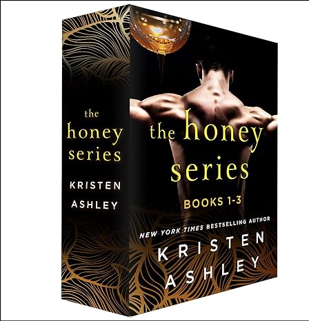 The Honey Series by Kristen Ashley book set -- a boxset with a shirtless man with his back facing the foreground. His arms are stretched out. The title is in yellow letters across the man's back. The author's name is at the bottom in white letters. A large globule of honey hangs in the top left corner. the bottom is decorated in intricate yellow lines.