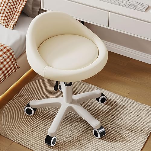 Taburete con Ruedas Asiento Giratorio Ergonómico, Altura Ajustable, Ruedas Ultra Silenciosas, Cojín Acolchado de Cuero PU, para Salón, Oficina,