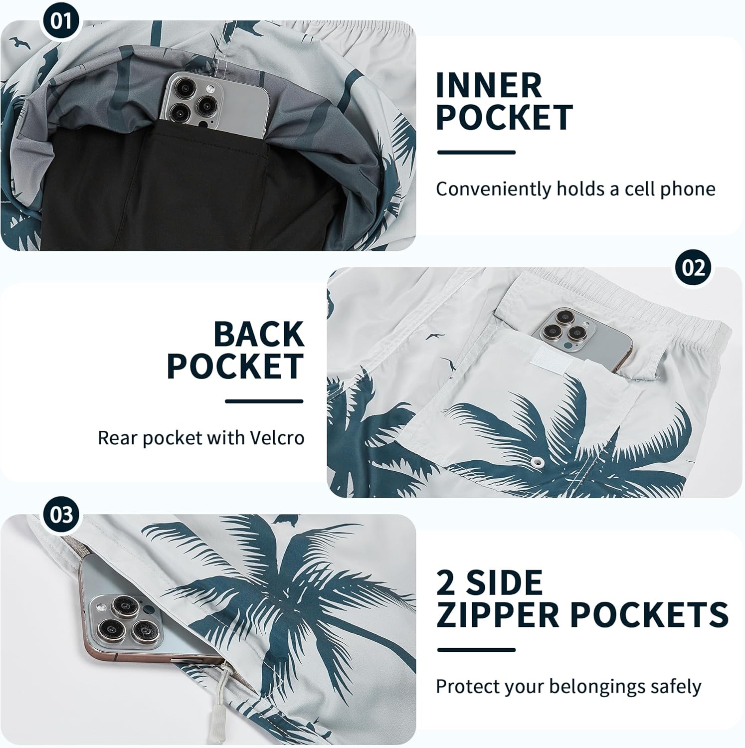 Mens Swim Trunks with Compression Liner 9" Built-in Board Shorts 2 in 1 Quick Dry Bathing Suits with Zipper Pockets - Image 3