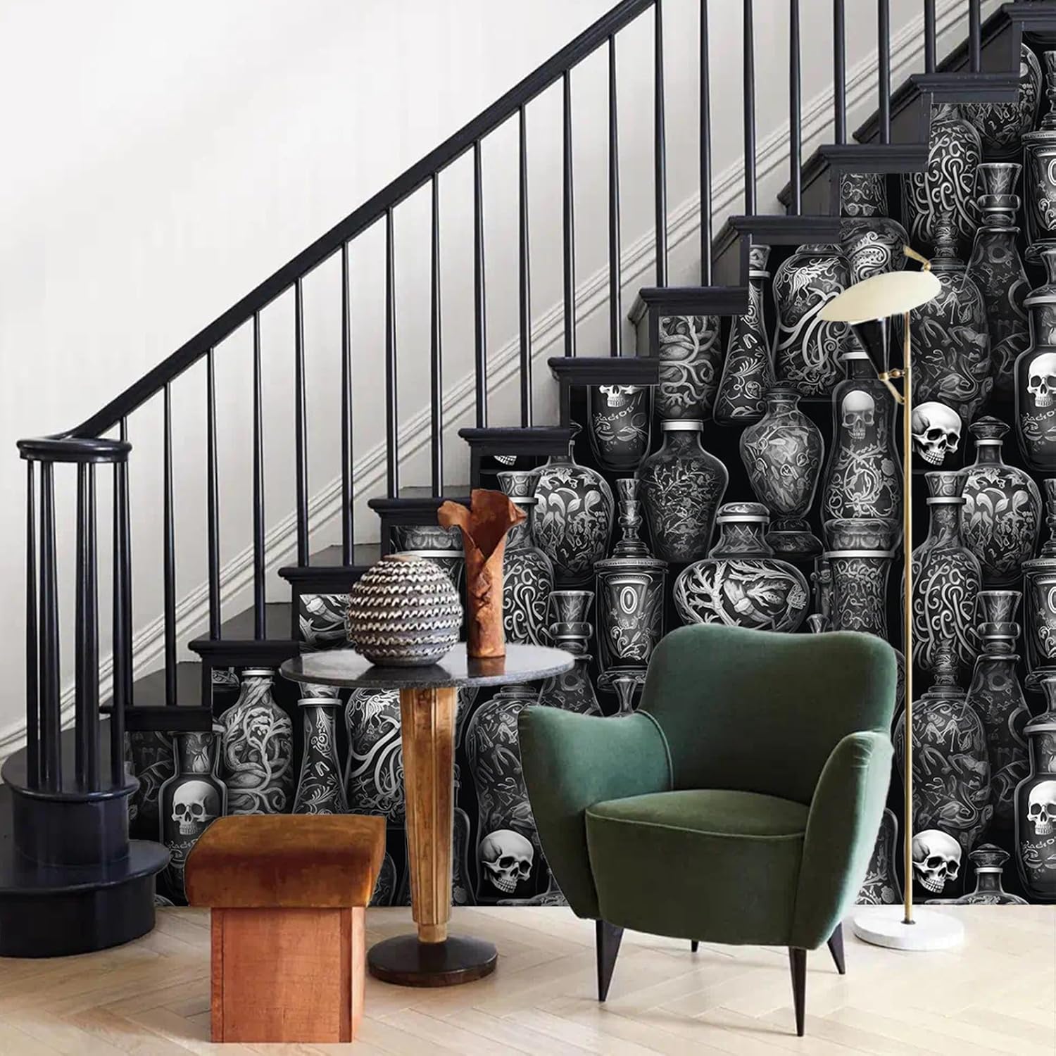 Dark Gothic Wallpaper Peel and Stick Black Cool Spooky Mysterious Vivid Whimsical Skeleton Leaf bottle Self Adhesive Contact Paper Removable Waterproof for Bedroom Renter friendly 17.71"x118.1"