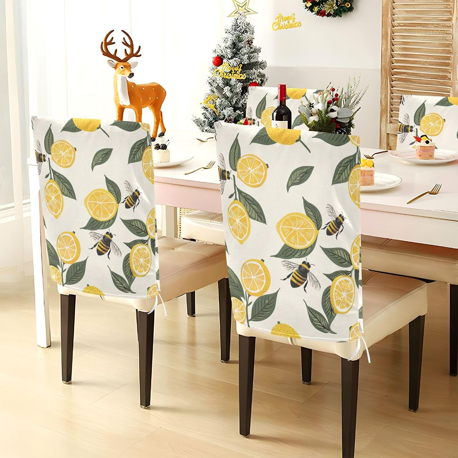 ALAZA Lemon Leaves Bee Chair Back Cover Set of 6, Washable Reusable Removable Chair Slipcovers Decorative Chair Cover for Home Kitchen Wedding Party