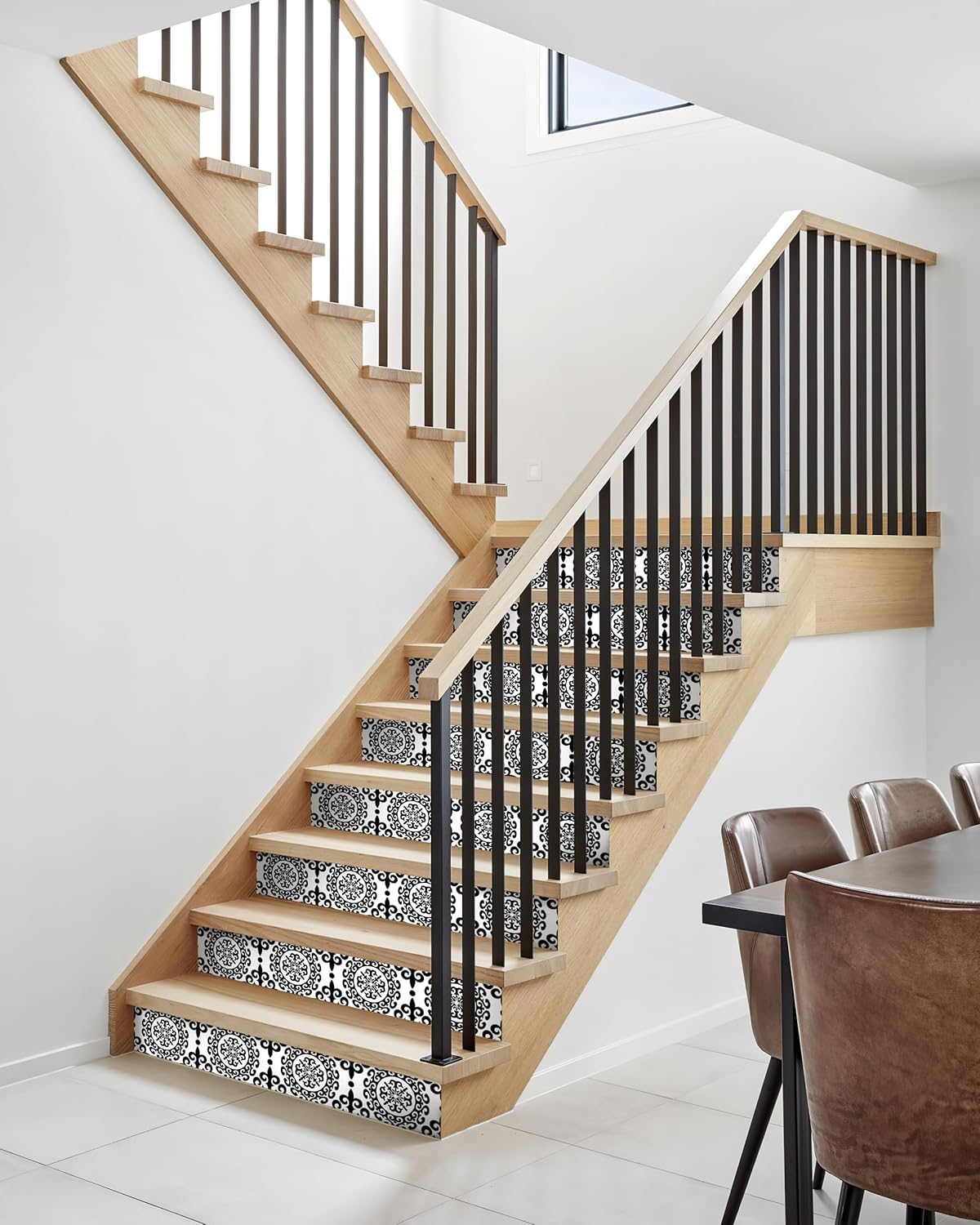 FLFK Decorative Stair Riser Decals, Classical Black and White Damask Pattern, Self-Adhesive Peel and Stick, 39.3 x 7.08 Inches, Set of 7, Indoor Home Decor