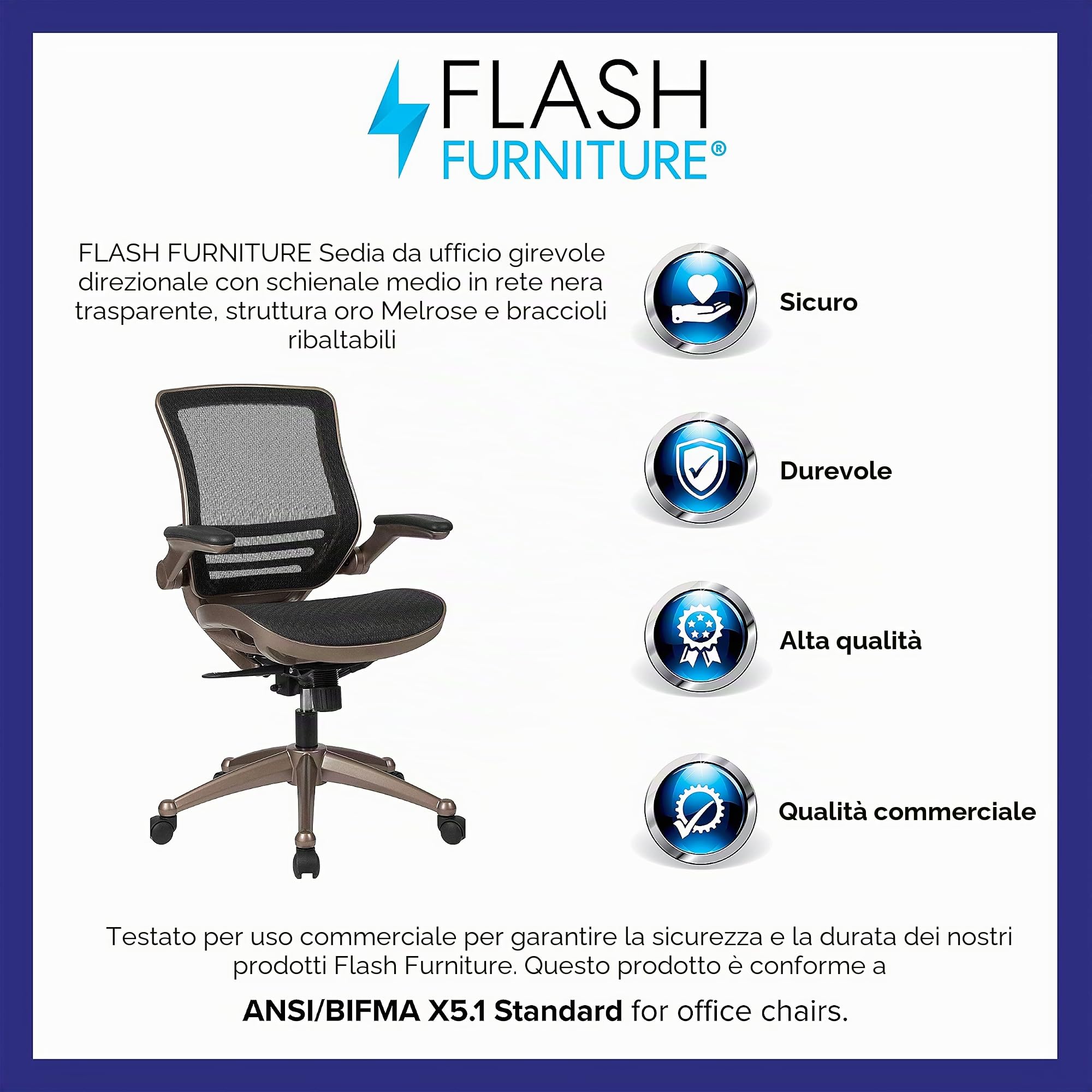 Flash Furniture Exec Mesh Mid-Back Sedia da Ufficio Girevole direzionale in Rete Nera Trasparente con Struttura in Oro Melrose e braccioli ribaltabili, Metallo, Nero, 55.88 x 62.23 x 104.14 cm