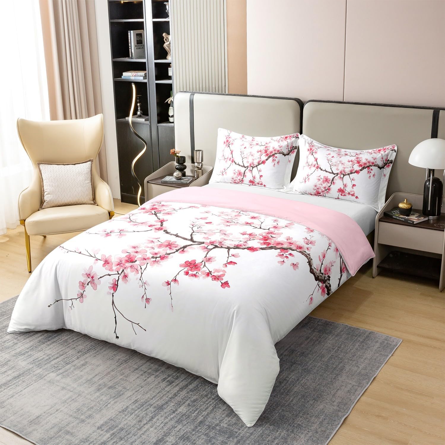 Cherry Blossom Cotton Duvet Cover Set(No Comforter),Japanese Style Pink Blooming Floral Bedding Set,Natural Garden Pink Red Flowers Aesthetic Quilt Cover Set,Ultra Soft Queen Size