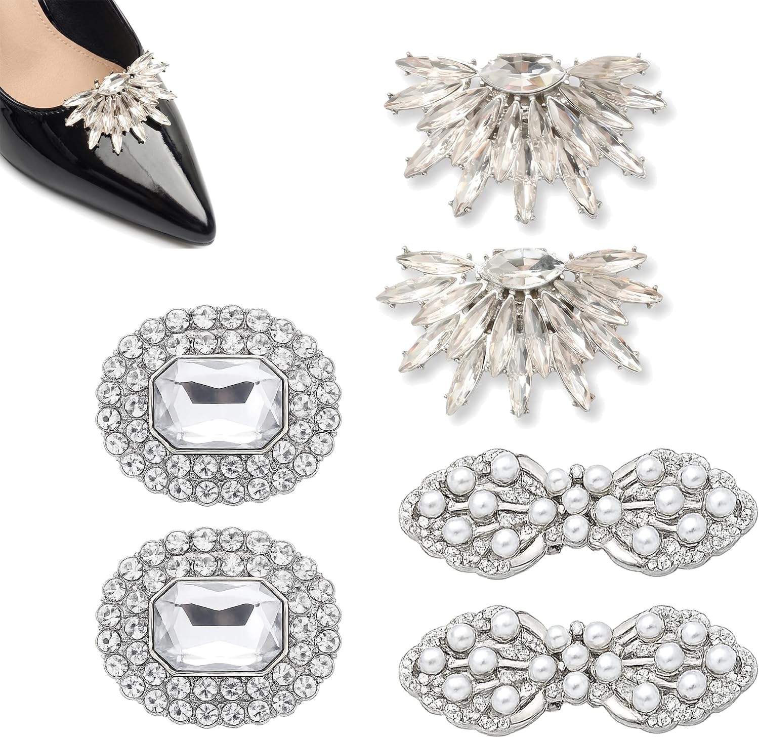 3 Pairs (6 Pcs) Silver Rhinestone Shoe Clips for Women Dress Shoes, Pearl Crystal Bow Decorative Shoe Charms, Detachable Metal Jewelry Buckles for High Heels Flats Pumps Wedding