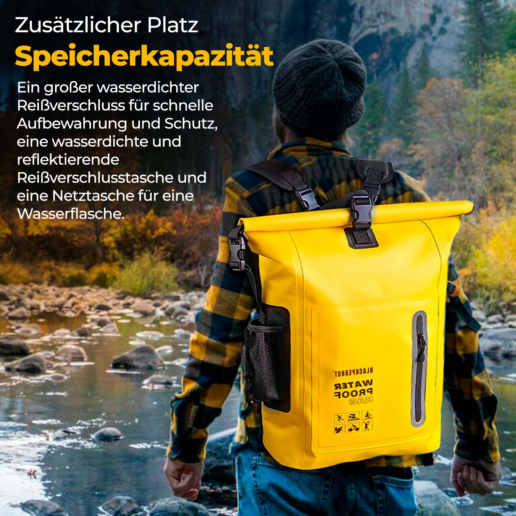Wasserdichter Rucksack mit 25 Litern, Bequeme Trockentasche mit Außentasche für Wasserflasche, Drybag, Ideal für Wasseraktivitäten und Outdoor