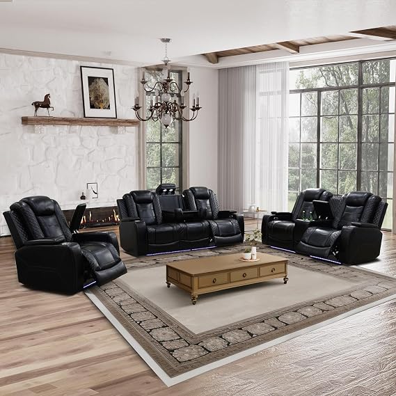 Power Recliner Sofa Set, Air Leather Reclining Couch with LED, 3 Pieces Reclining Living Room Furniture, Black Leather Sofa and Loveseat Chair for House/Apartment/Office