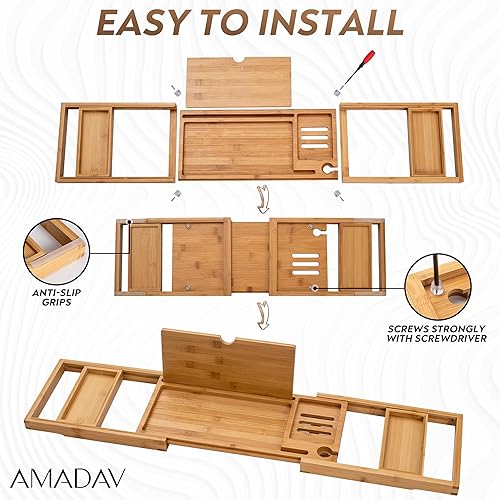 Miniatura 2 de AMADAV Bandeja extensible para bañera, para teléfono, tableta, jabón con bambú natural resistente. Amplio 8 x 34 pulgadas para cualquier bañera.