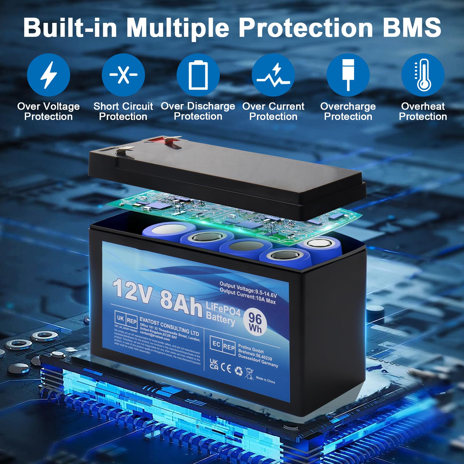 LiFePO4 12V 8Ah Batería recargable Fosfato de hierro y litio con BMS para automóvil para niños, ciclo profundo 4000 para energía solar, sistema de alarma, camping, buscador de peces
