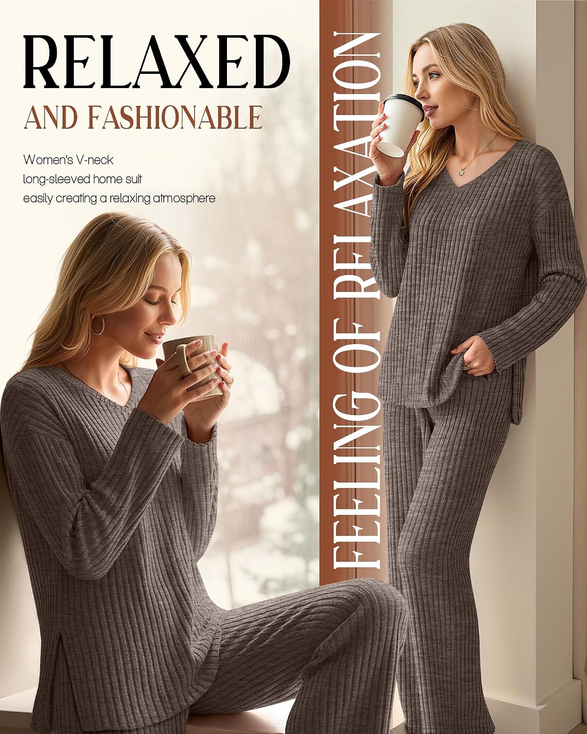 Women's 2 Pieces Ribbed Knit Lounge Sets, V Neck Long Sleeve Side Slit Tops Wide Leg Loose Pants Pajama Fall Sets