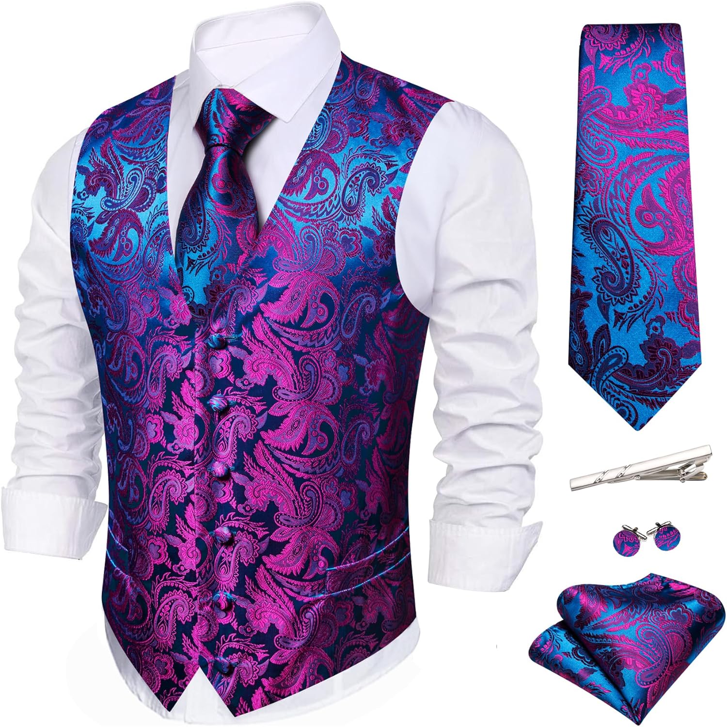 Barry.Wang Men's V-Neck Suit Vest Solid Paisley Waistcoat Silk Tie Hanky Cufflink Clip Set Wedding Party Business Formal