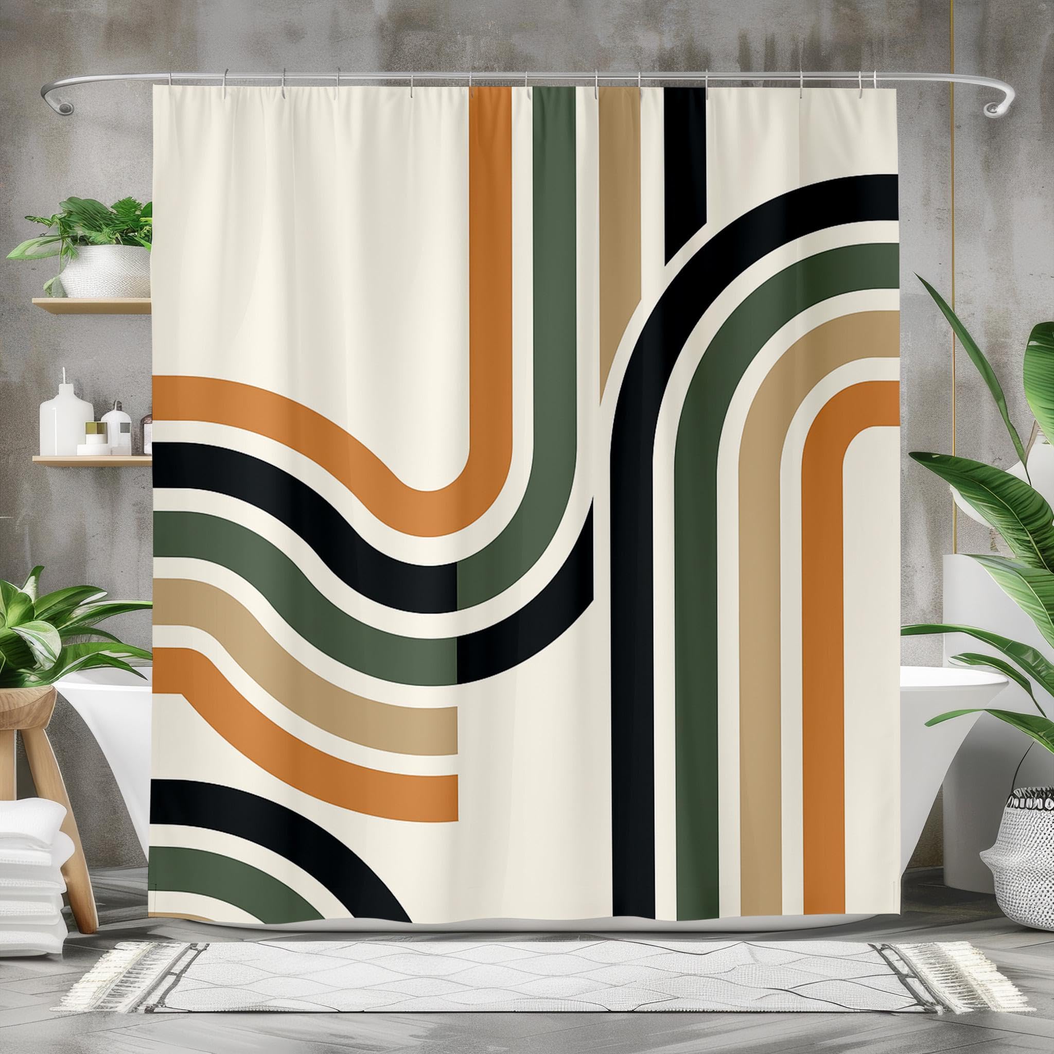 Tenda da doccia con linee moderne, decorazione astratta per il bagno nei toni della terra, tessuto a righe minimalista, tenda da doccia retrò (280x200 cm/110x79 pollici (LxA))