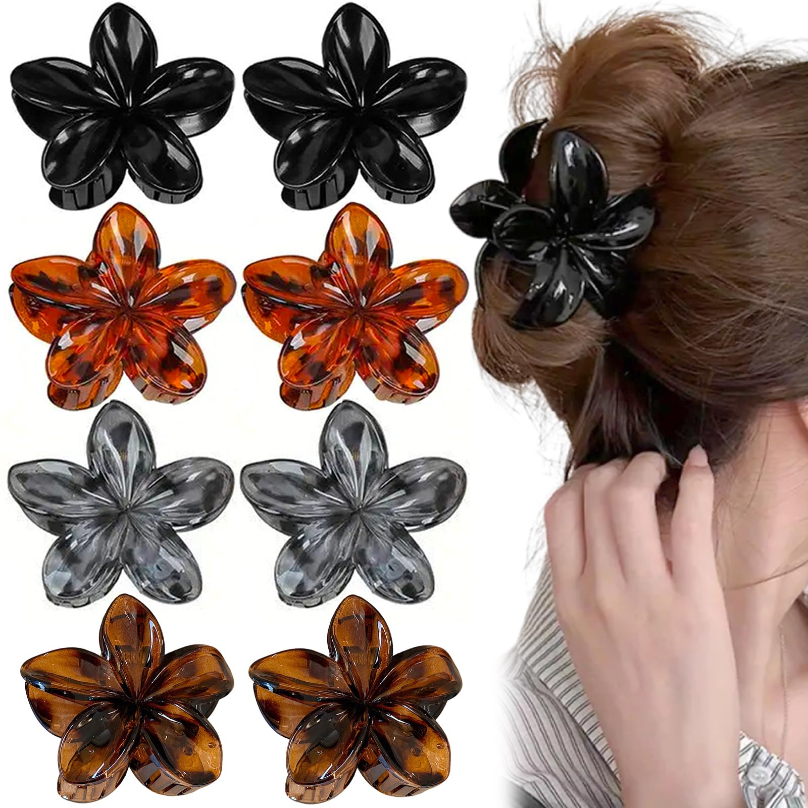 Muiltvoe 8 PCS Flower Hair Clips Retro Leopard Claw Clips Large Hair Clip Plumeria Flower Claws Clip Non Slip Strong Hold for Thick/Thin Hairs Cute Hair Claw Accessories for Women Girls