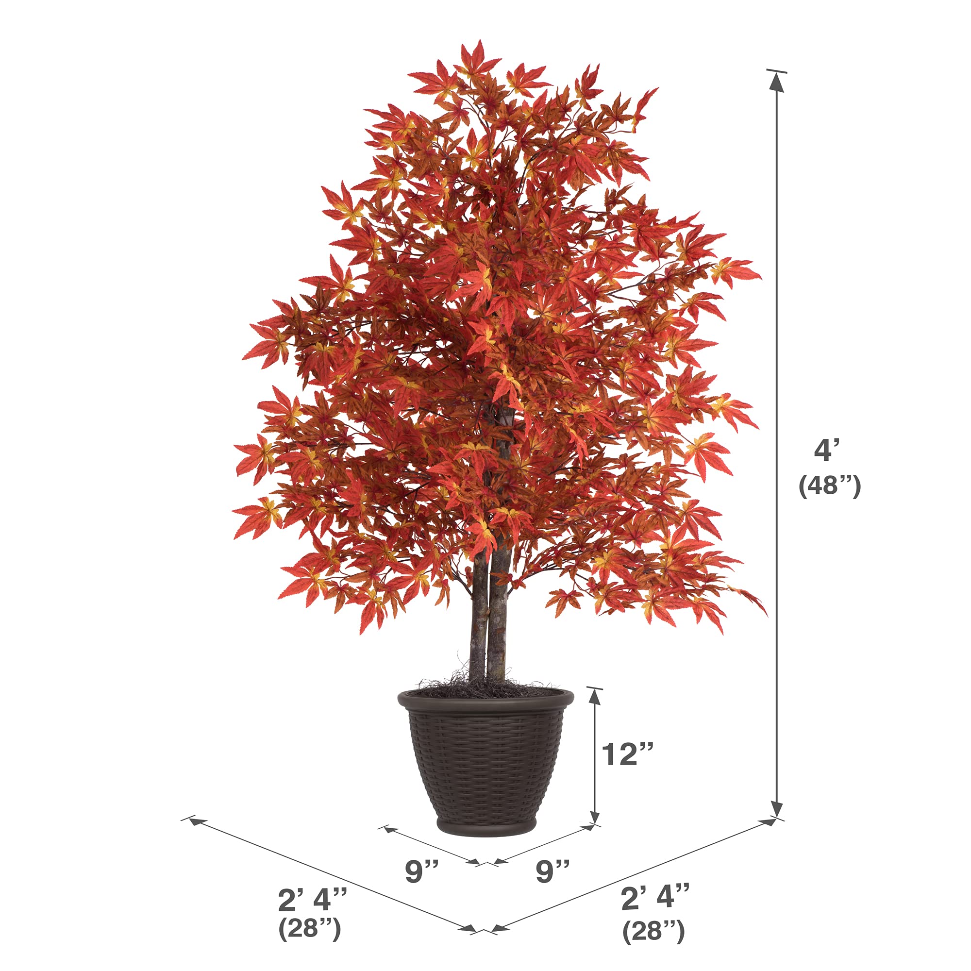 Vickerman 4' Artificial Orange Maple Bush, Brown Plastic Container, Indoor Plant.