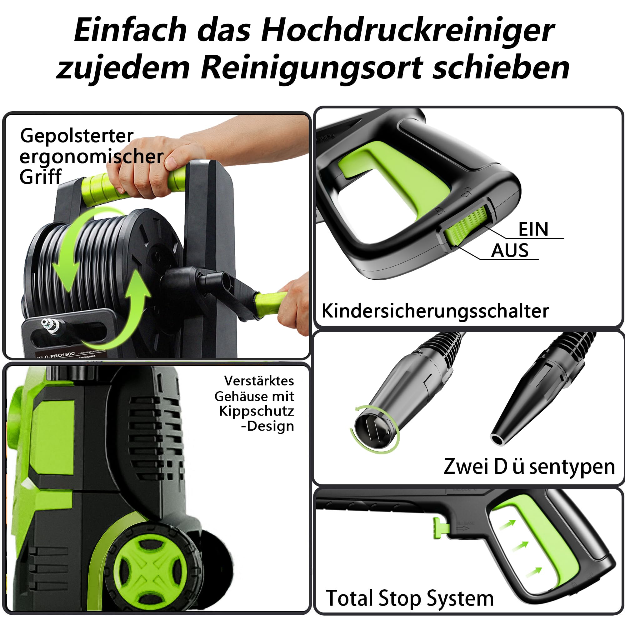 2026New Hochdruckreiniger Touchscreen 8-stufiger 200 Bar, 6-in-1-Düse, Einstellbarer Druck 100-200bar, Fördermenge 280-500l/h, Flächenleistung 60m²/h, Wassersparend, mit Schaumkanone Schlauchtrommel