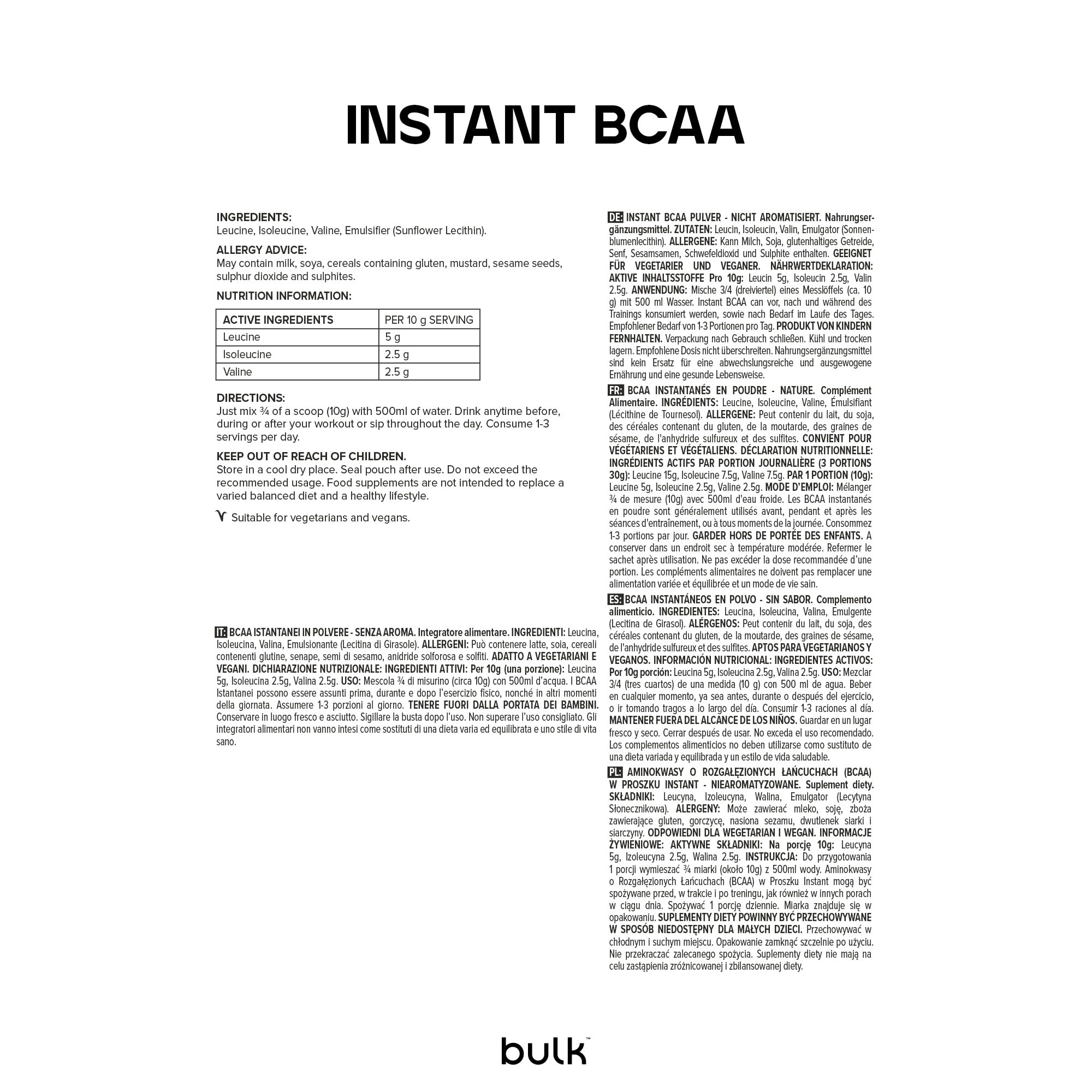 Bulk Instant BCAA Pulver, 8 g verzweigtkettige Aminosäuren pro Portion, Aminosäuren, Geschmacknetural, 500 g