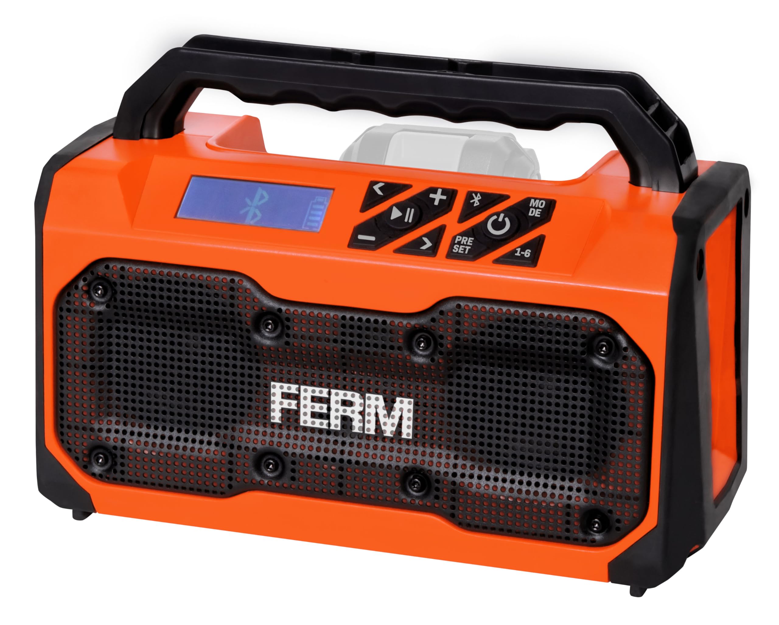 FERM Radio de Obra Bluetooth 20V – Altavoz Estéreo Inalámbrico con Puerto de Carga USB y Radio FM – Pantalla LED y Antena Telescópica – Serie AX/FX-Power (Sin Batería ni Cargador)