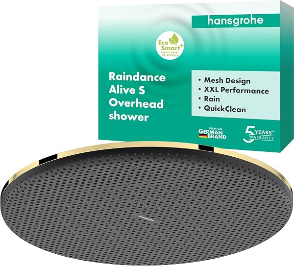 hansgrohe Raindance Alive S – deszczownica prysznicowa, głowica prysznicowa (300 mm) z 1-strumieniowa dla montażu ściennego lub sufitowego, złoty optyczny polerowany, 24523990