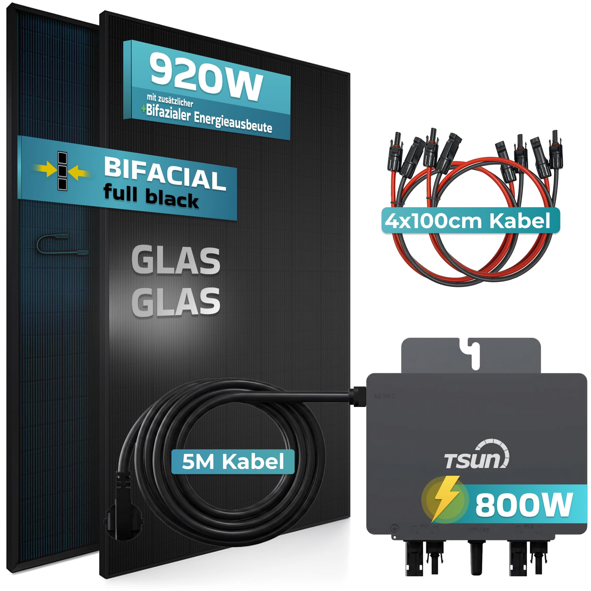 SUNNIVA® 920W Balkonkraftwerk BIFAZIAL FULLBLACK komplett Steckdose TSUN 800 Watt Wechselrichter, PV Solaranlage Komplettset, 2x 460W N-Type Glas-Glas Bifacial Solarmodule, 5m Kabel & 4x 1m Solarkabel